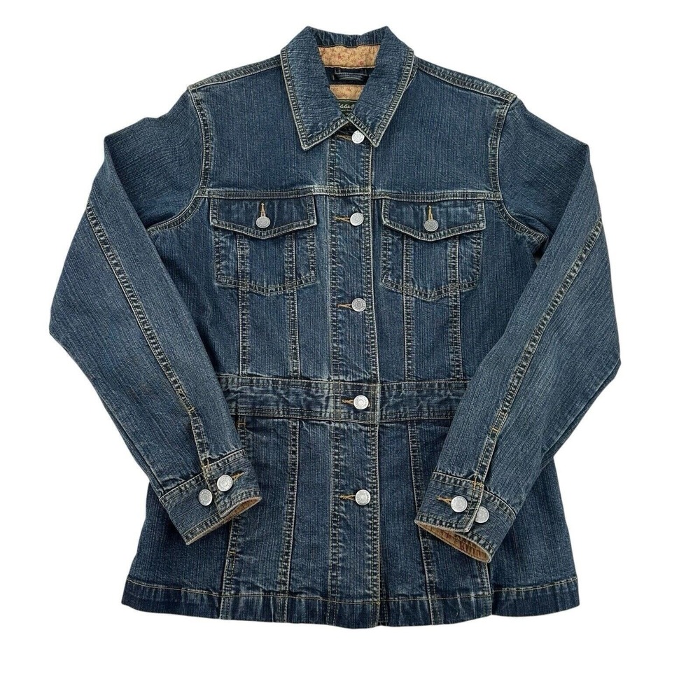 Eddie Bauer Women Size S Blue Stretch Denim Jacket Dark Wash Button Front  Biker